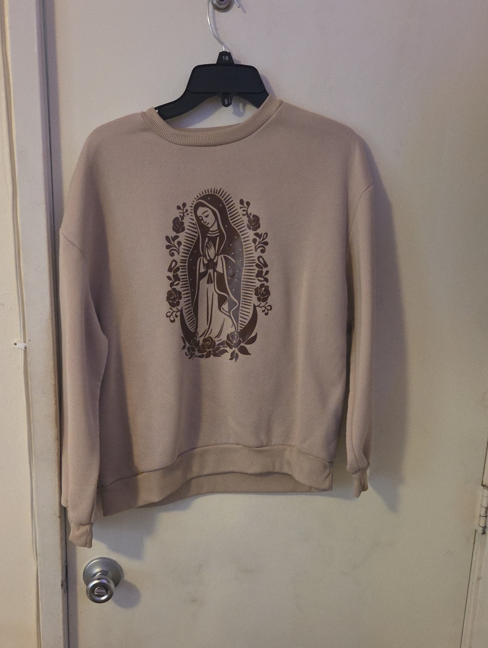 SHEIN Beige Crewneck Sweatshirt with Brown Religious Graphic